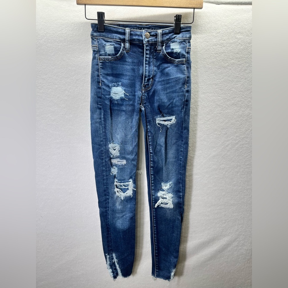 American Eagle‎ Super Hi-Rise Jegging Jeans Womens 00 Short Blue Distressed 2196